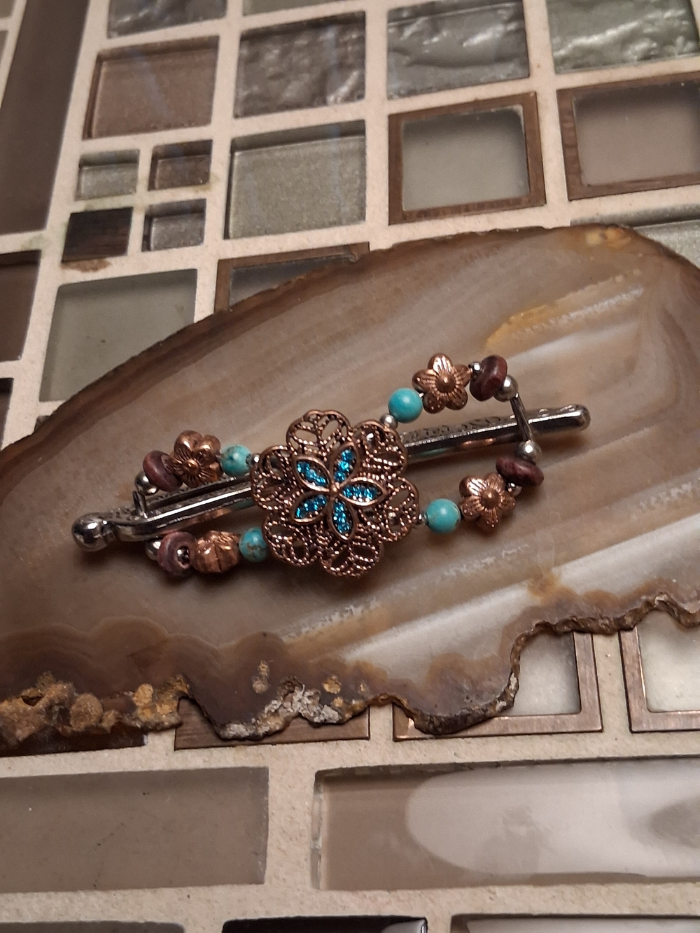 Vintage Turquoise and Copper Filigree Flower Hair Barrette